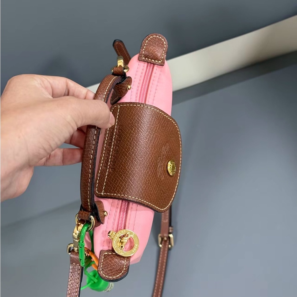 Longchamp Mini Le Pliage Pink Canvas Crossbody Bag Brown Leather Trim - Picture 2 of 4